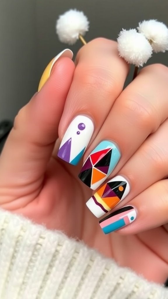 Colorful geometric nail art on winter-themed nails.