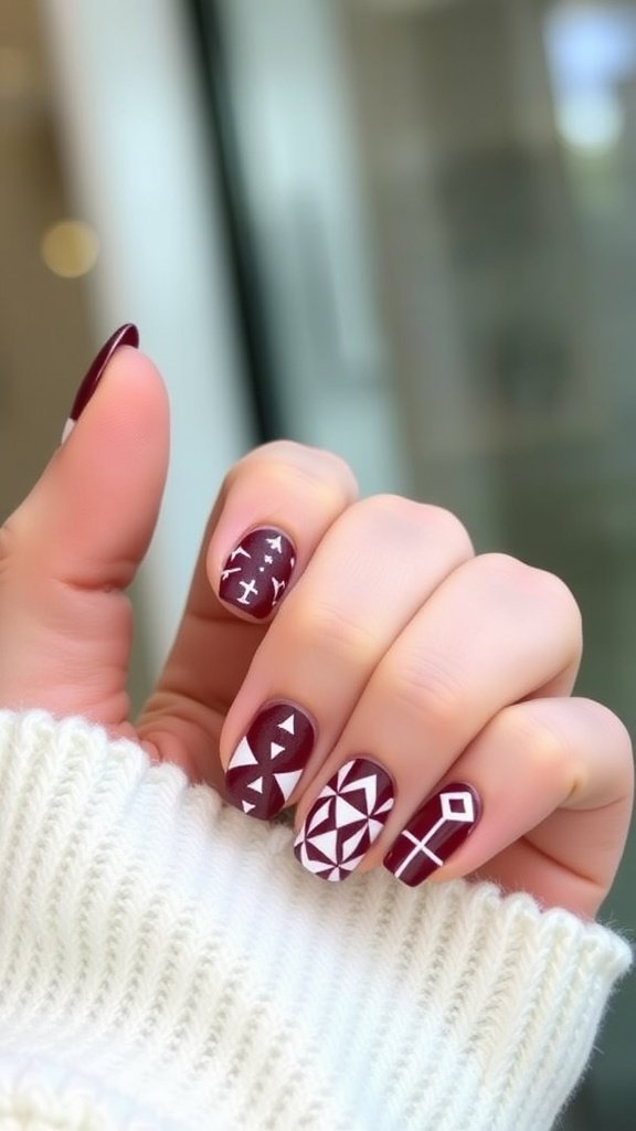 Close-up of cherry wine nails featuring geometric designs in white.