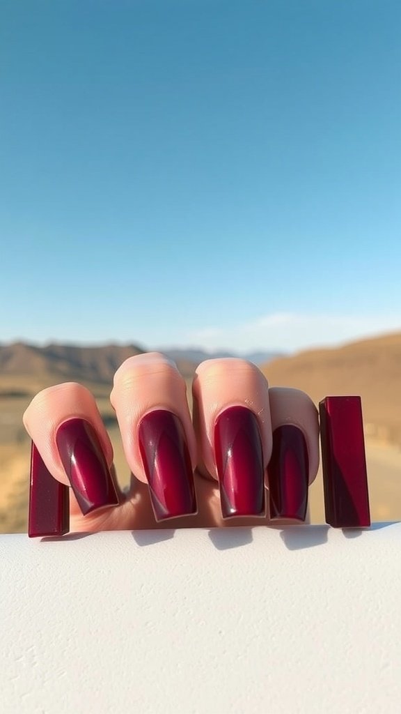 A close-up of cherry wine nail designs with geometric patterns