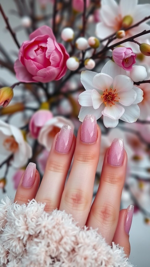 Close-up of hands with glistening rose quartz nails surrounded by pink and white flowers.