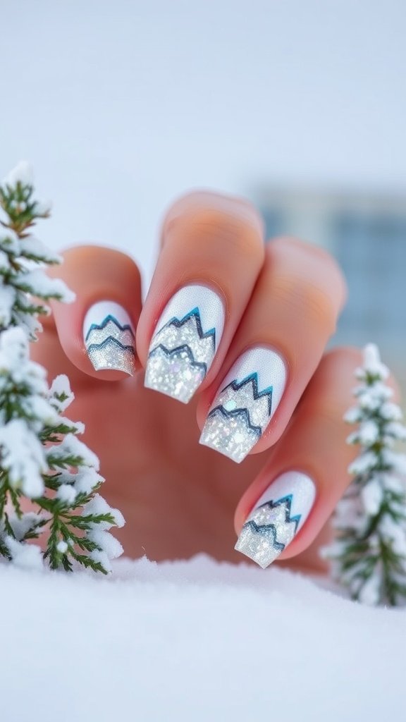 Nail design featuring glittery snowy peaks on a wintery background.