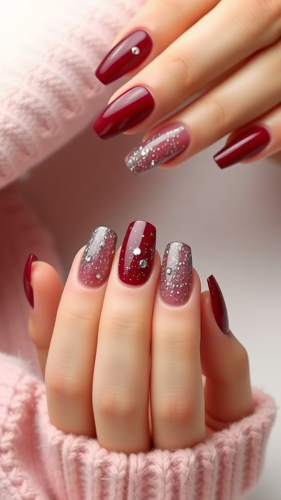 A close-up of nails painted in cherry wine color with glittering French tips and embellishments.