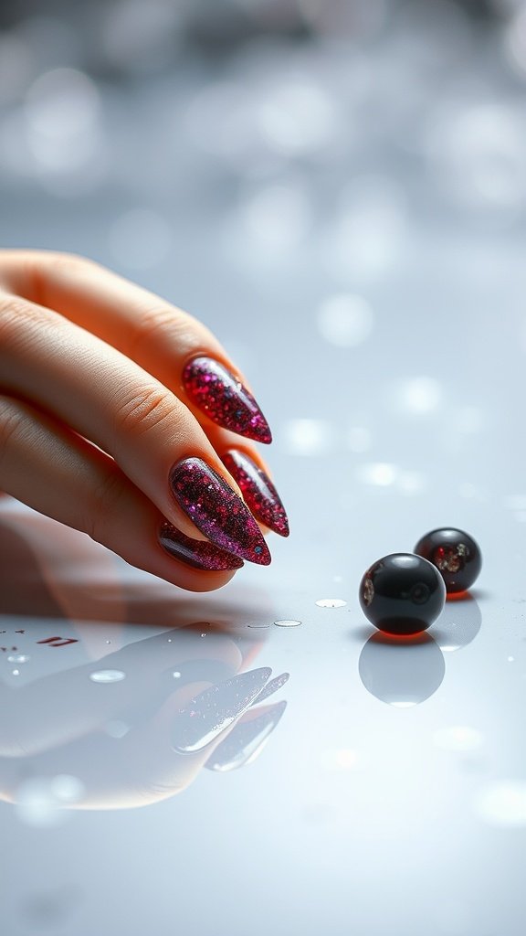 Close-up of glittery cherry wine nails with a hand gracefully reaching for decorative beads.