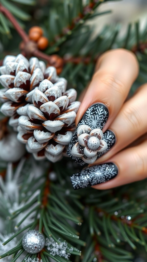 Nail design featuring glittery pine cones on a dark background, surrounded by holiday decorations.