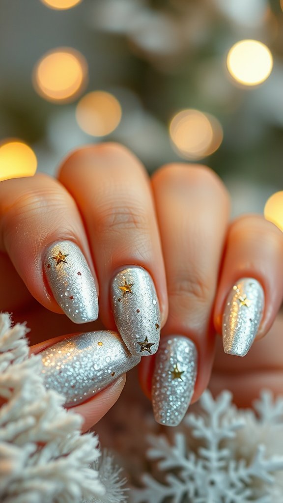 Nails painted silver with gold star designs, surrounded by winter decorations.