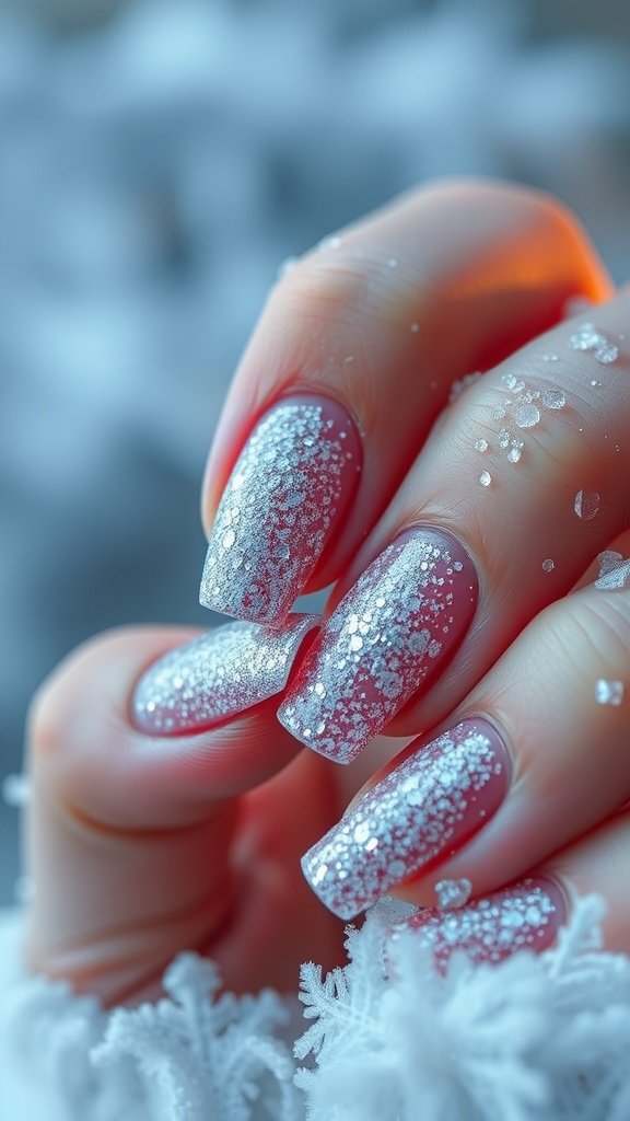 A close-up of glittery frostbite nails with a silver glitter design.