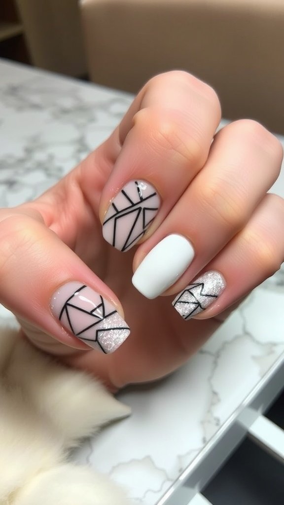 A close-up of hands showing glittery geometric nail designs with black lines, white bases, and sparkling accents.