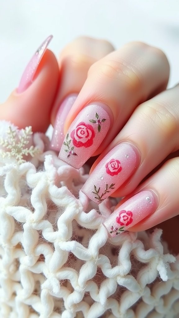 Nail design featuring glittery pink base with rose petal patterns