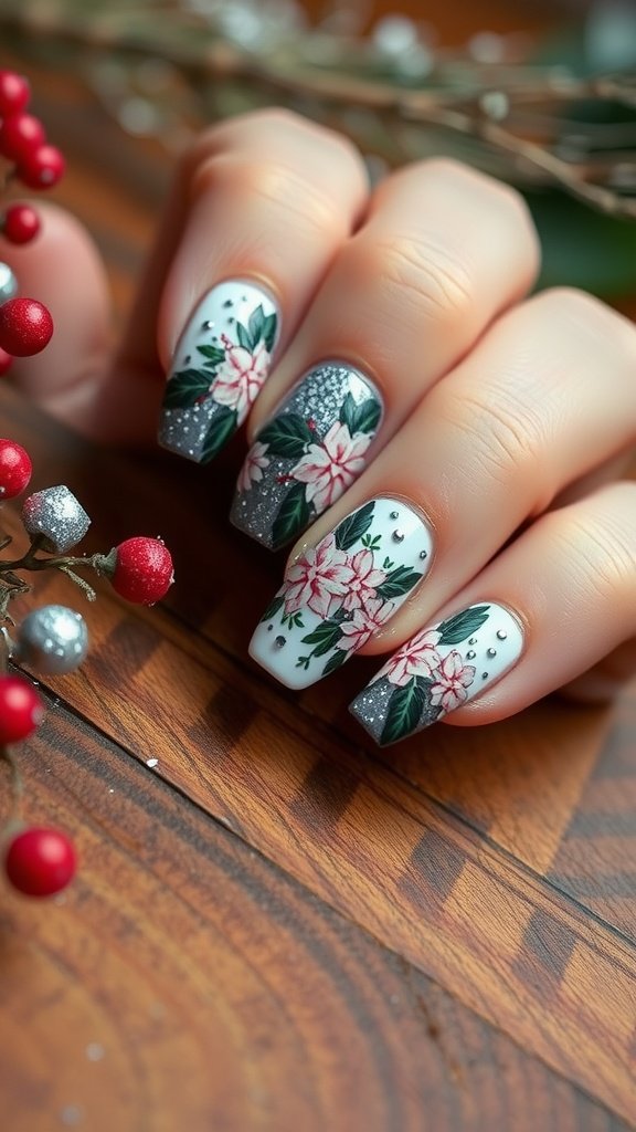 Glittery winter floral nail design with flowers and sparkles