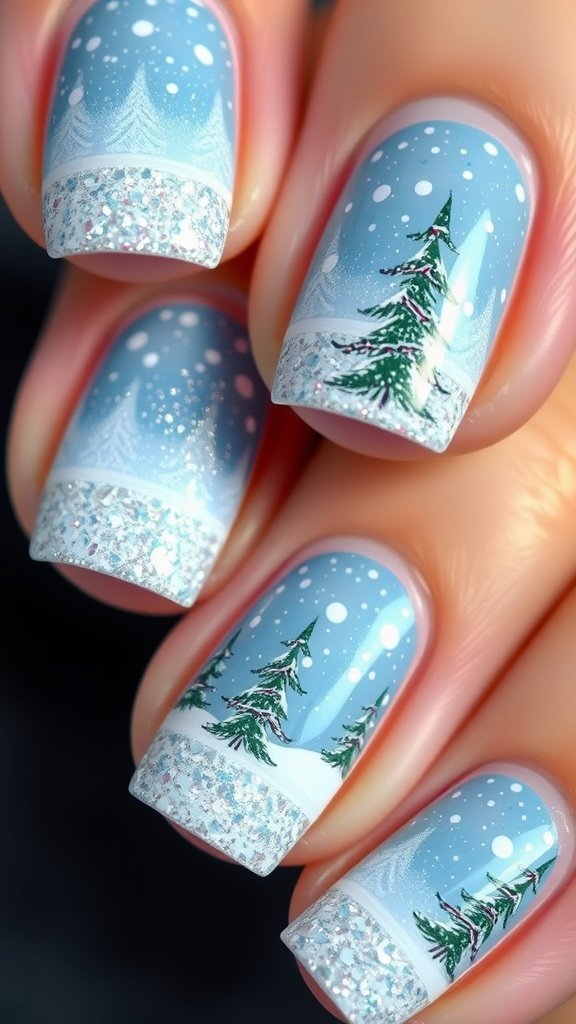 A close-up of winter-themed glitter nail design featuring snowy trees and blue background.