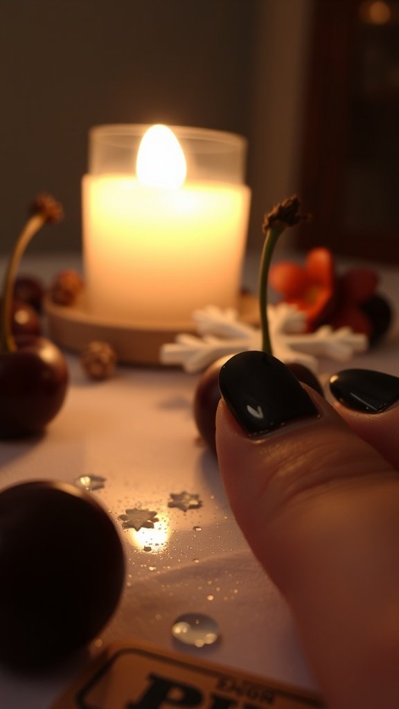 Close-up of glossy black cherry nails with a candle and decorative items in the background.