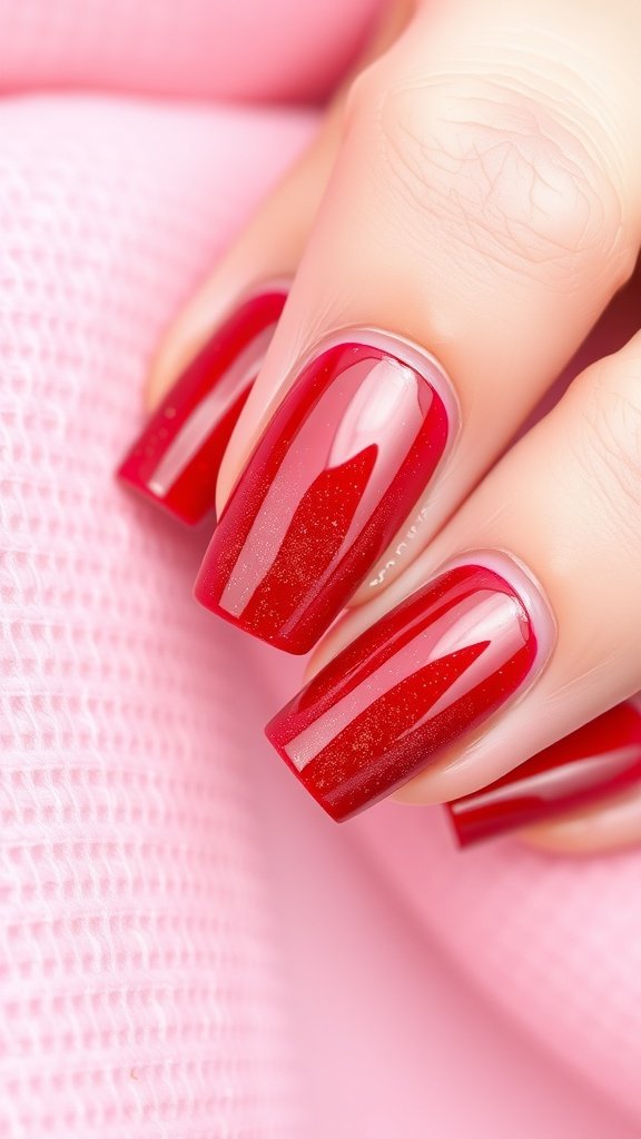 Close-up of glossy cherry red ombre nails on a hand.