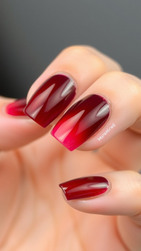 Glossy cherry wine ombre nails showcasing a gradient effect from deep cherry to a lighter shade.