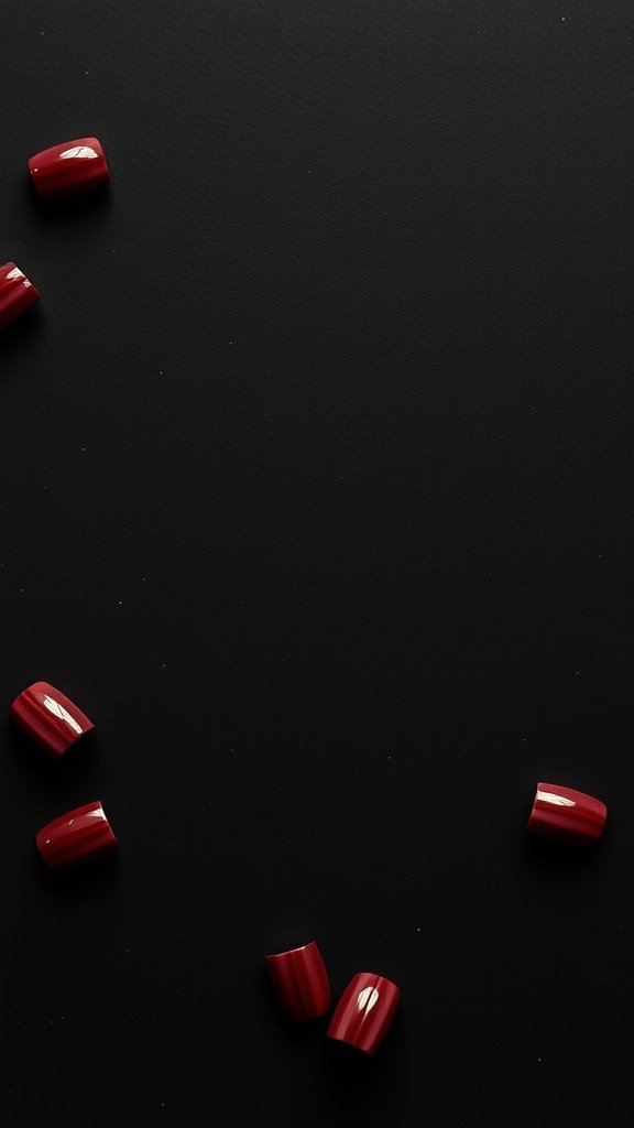 A collection of cherry wine colored nail tips on a black background.