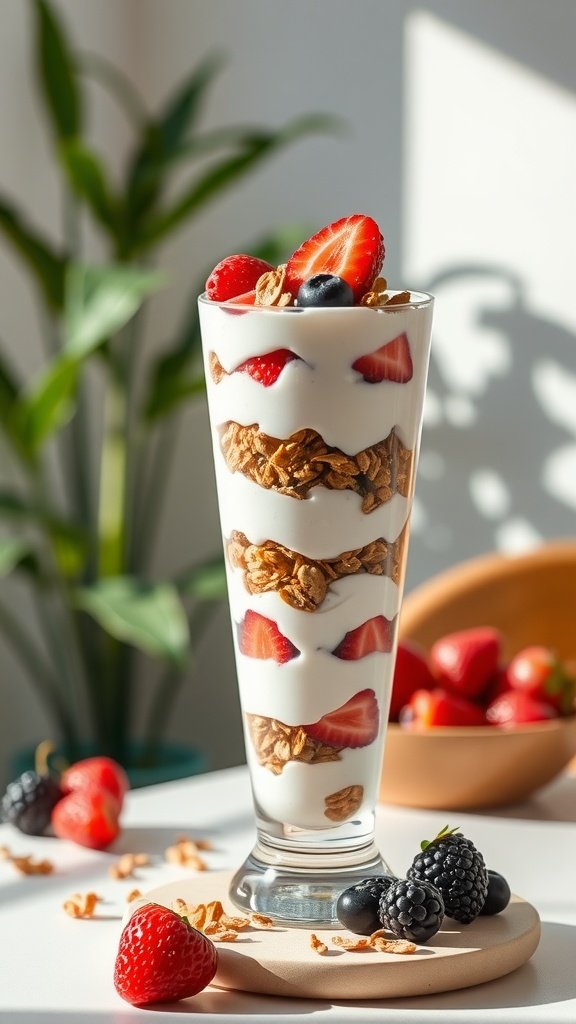 A delicious Greek yogurt parfait with layers of yogurt, strawberries, blueberries, and granola in a tall glass.