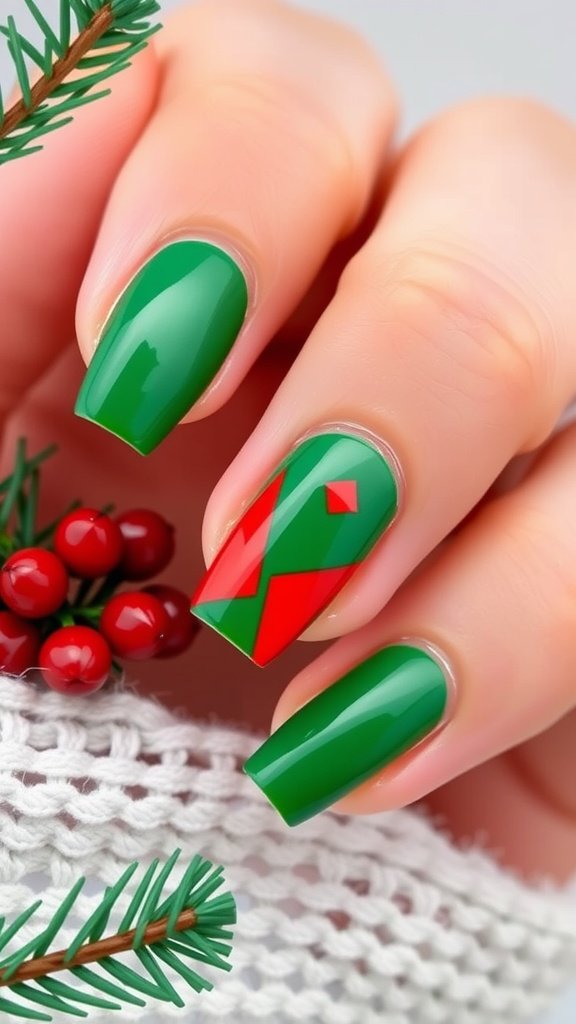 Holiday-themed green nails with red accents and decorative patterns