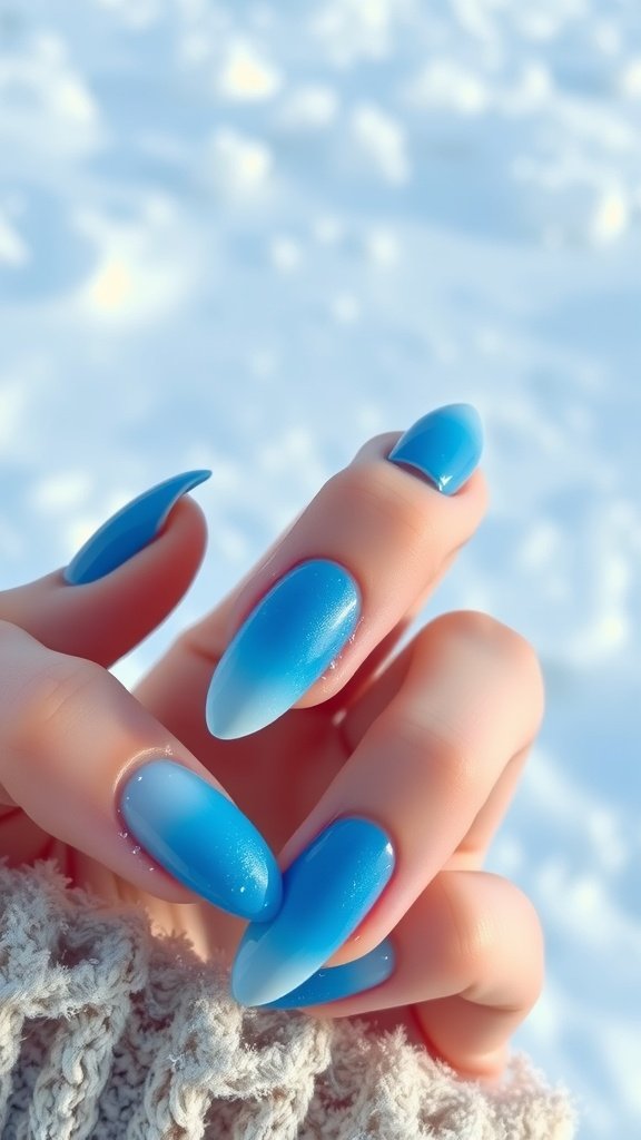 Close-up of hands with icy blue ombré nails against a snowy background