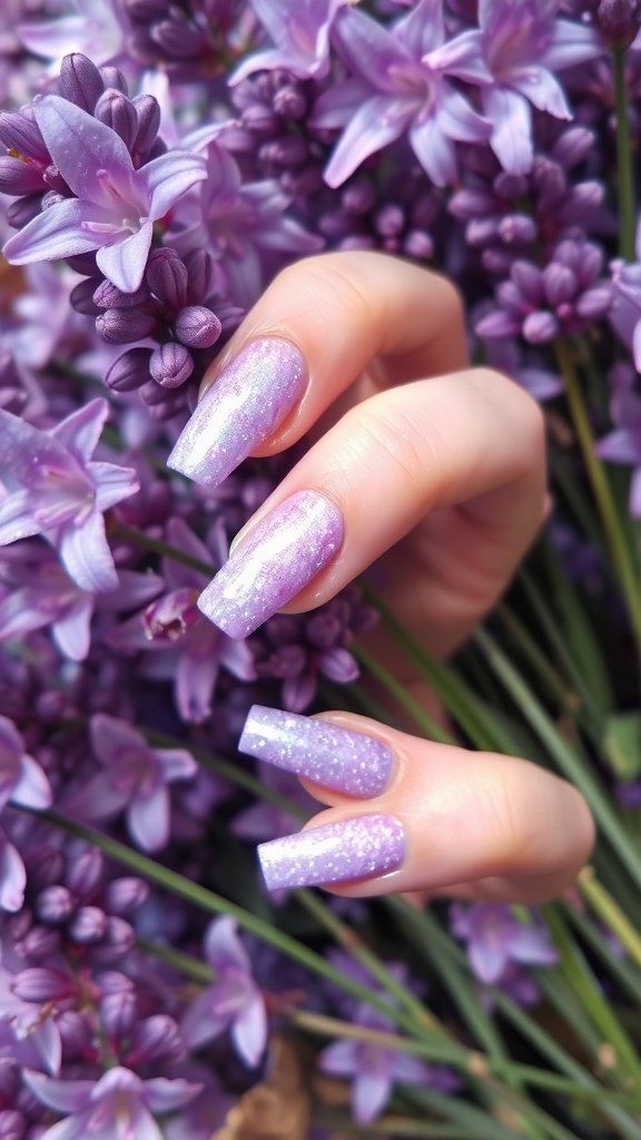 A hand with long lavender glitter nails against a backdrop of purple flowers.