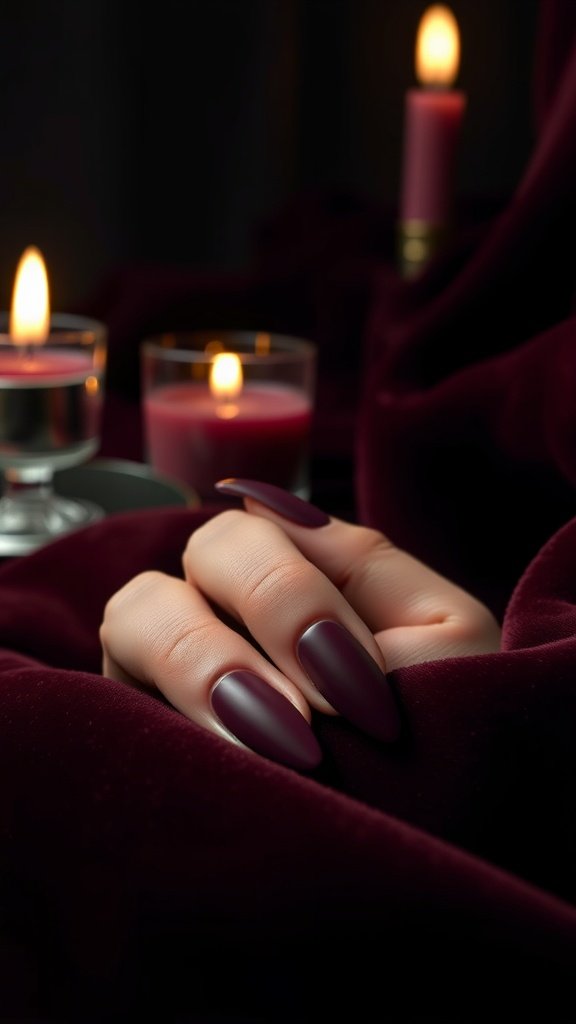 A hand with matte cherry wine nails resting on a burgundy velvet fabric, surrounded by candles.