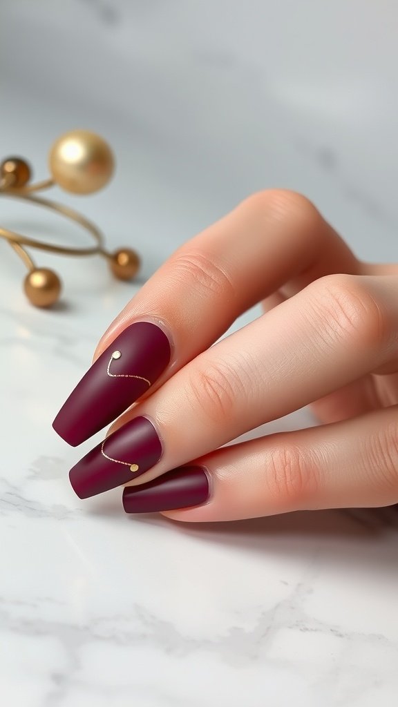 Image of matte cherry wine nails with gold accents, showcasing elegant nail art.