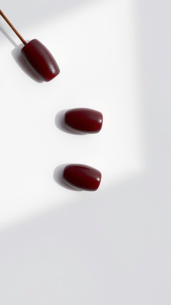 Close-up of cherry wine nails with a matte and glossy finish.