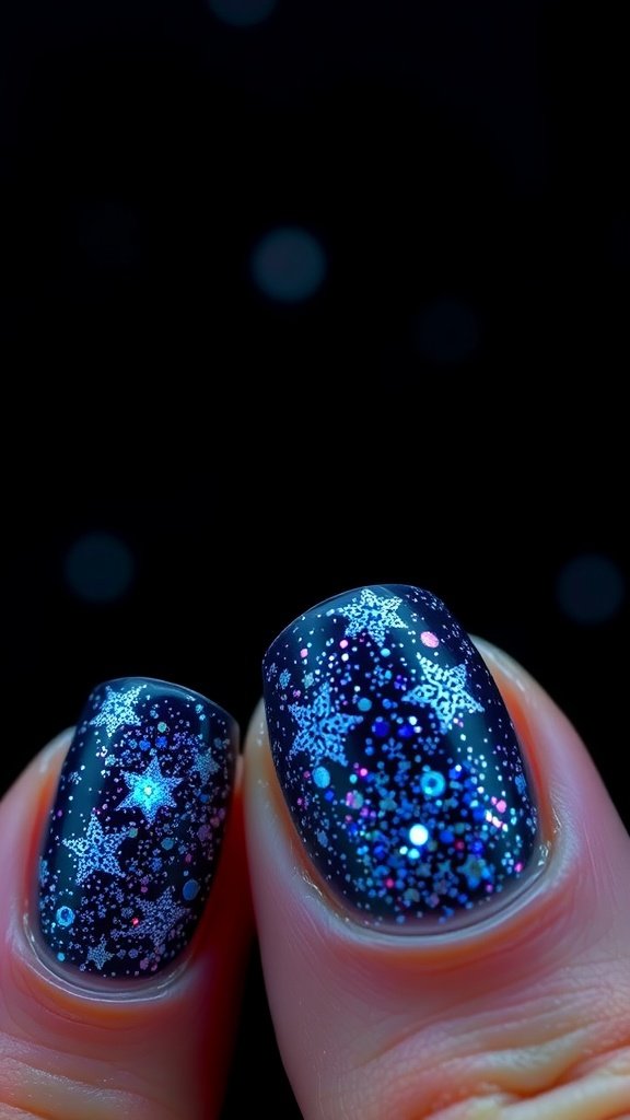 Close-up of glitter nail design featuring a starry night theme with dark blue base and sparkling stars.