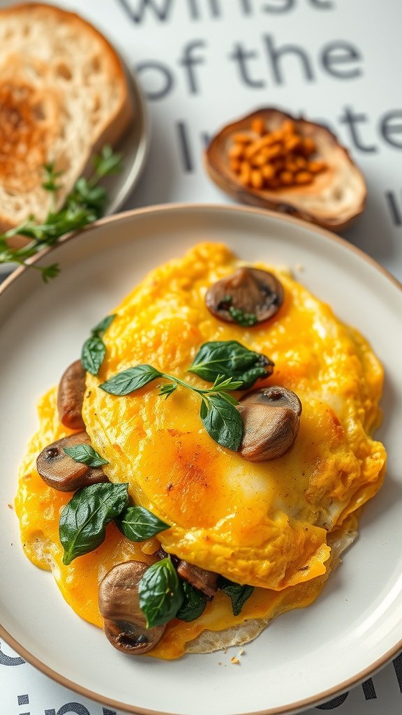 A mushroom and spinach omelette served with toast and garnished with herbs.