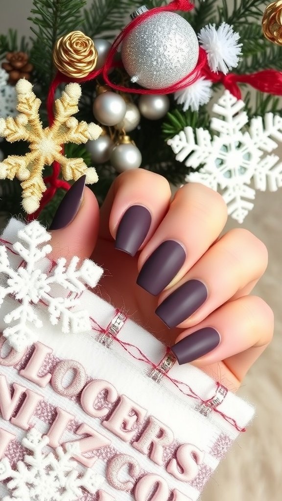 Image of winter-themed nails in muted taupe color with a matte finish