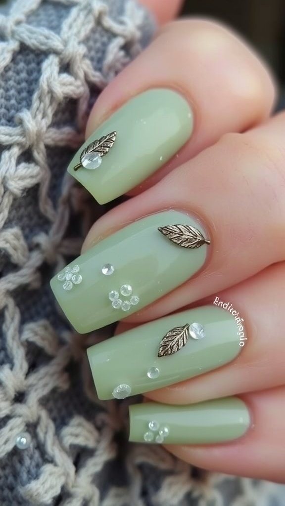 Frosted green nail design with leaf accents and sparkling gems.