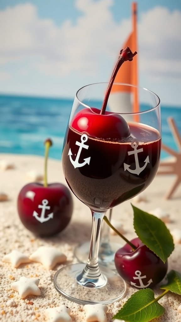 A glass of cherry wine with cherries and nautical anchor designs, set against a beach background.