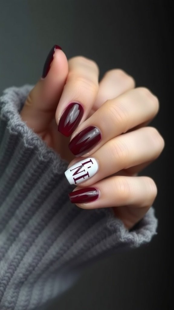 A hand with cherry wine nail design featuring deep red and negative space.