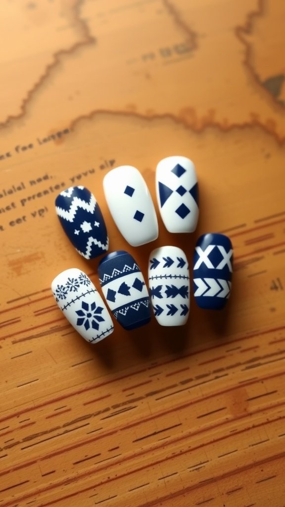 Nordic-inspired geometric nail designs in blue and white on a wooden background.