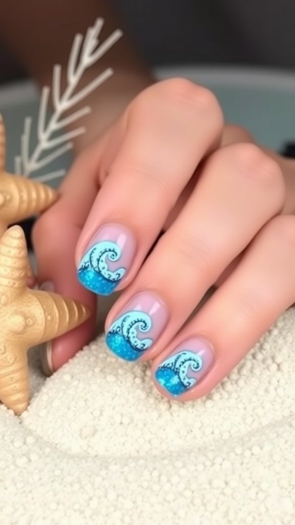 Nail design featuring ocean wave glitter effect with blue and clear polish