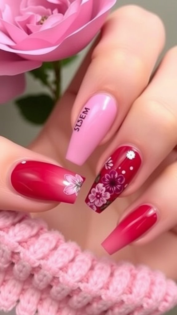 Ombre cherry wine and pink nails with floral designs