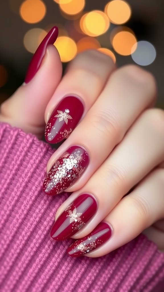 Ombre cherry wine nails with rose gold accents and stars