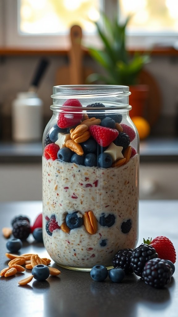 A jar of overnight oats layered with berries and almonds.