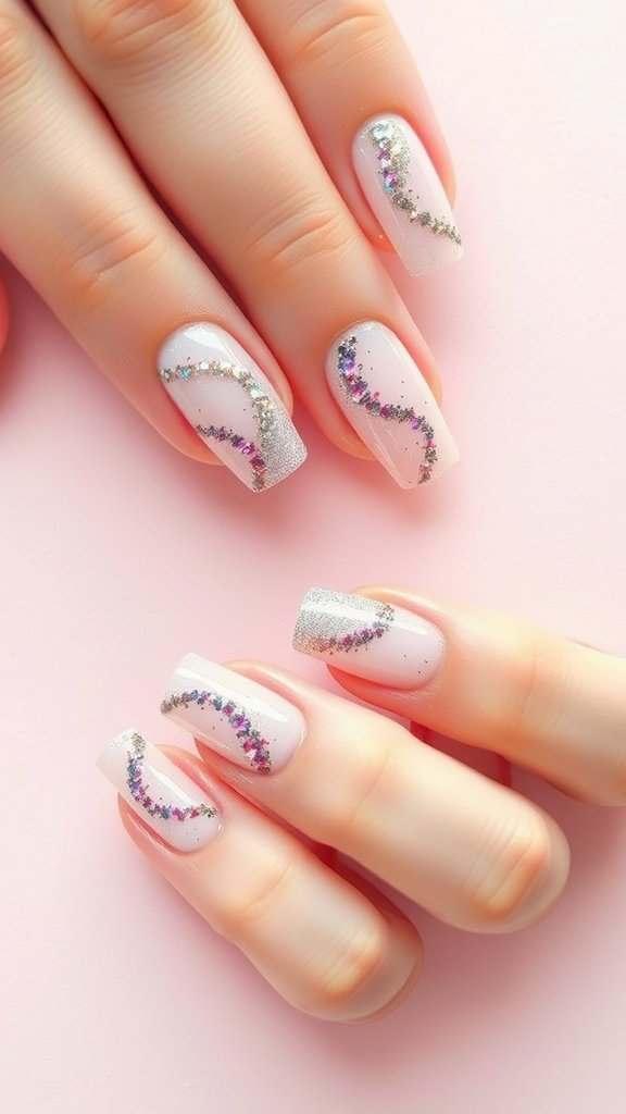 Nail design featuring pastel colors with glitter swirls