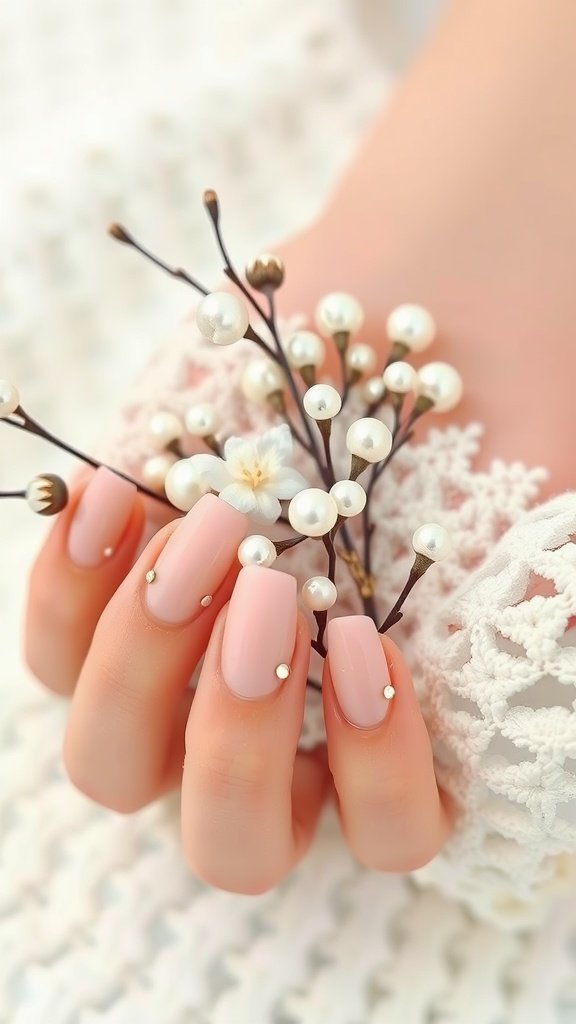 Pastel peach nails with pearl accents, held with delicate flowers