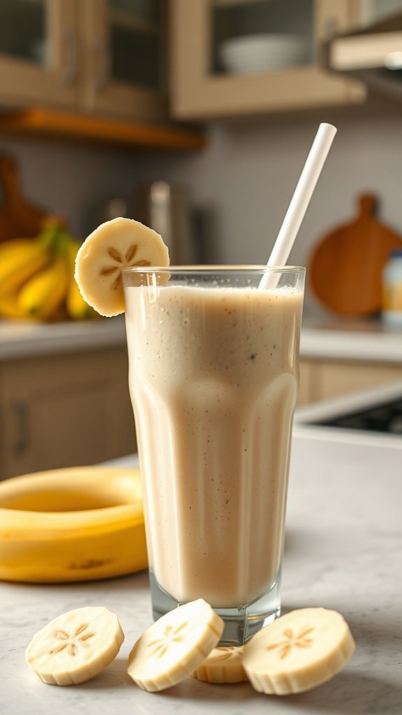 A refreshing peanut butter banana smoothie in a glass with a straw and sliced bananas on the side.