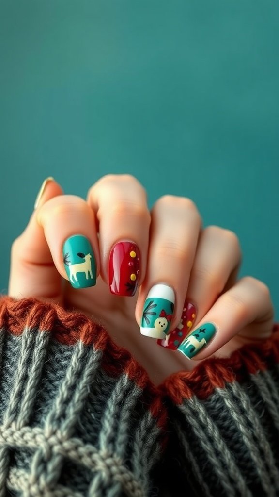 Colorful winter nail designs featuring retro patterns and a cozy vibe.