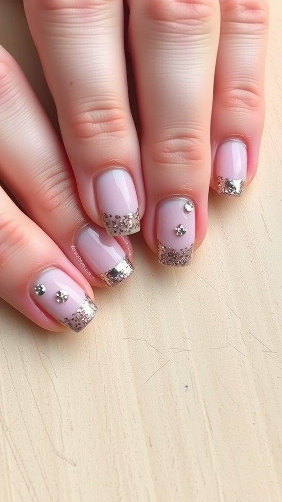 Nails featuring a rose gold glitter design with sparkle dots