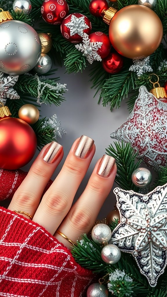 Close-up of hands with rose gold nails, surrounded by festive decorations