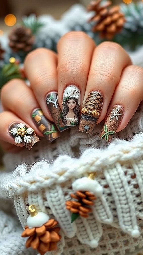 A hand with winter-themed nail art featuring pinecones, snowflakes, and a nature-inspired design.