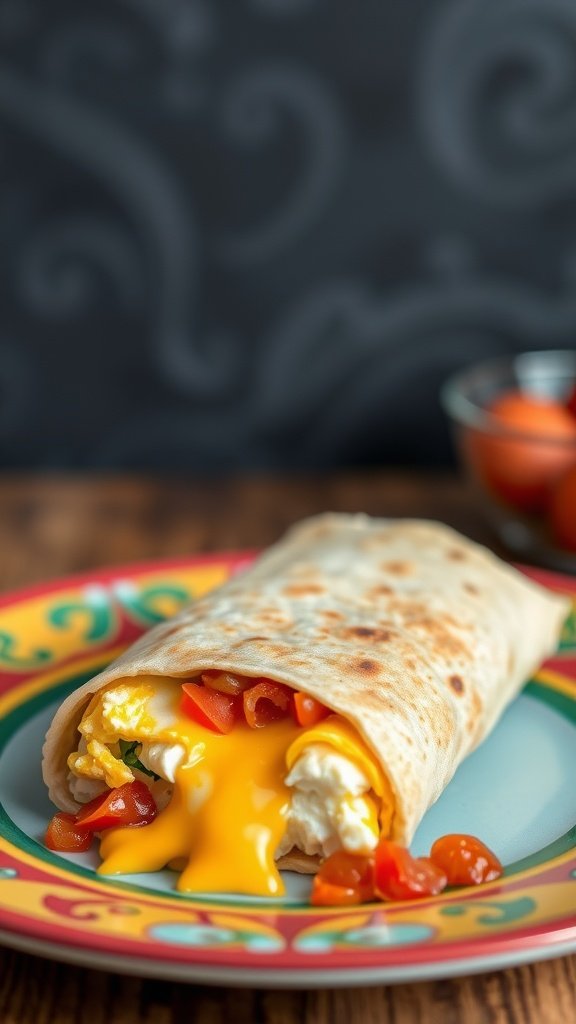 A delicious breakfast burrito filled with eggs, cheese, and tomatoes, served on a colorful plate.