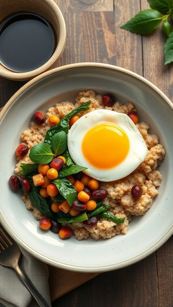 A bowl of savory oatmeal topped with a poached egg and mixed vegetables, served with a cup of coffee.