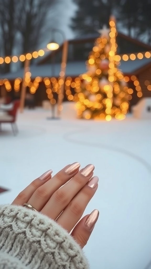 A close-up of hands with rose gold nails, wearing a cozy sweater, against a winter background with Christmas lights.