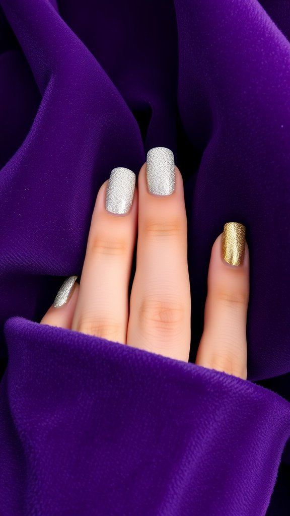 Close-up of hands with silver and gold glitter nail tips on a purple fabric background.