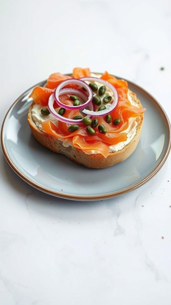 A smoked salmon bagel topped with cream cheese, red onions, and capers on a gray plate.