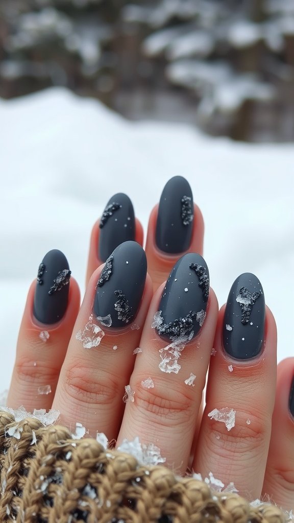 A close-up of hands with smoky grey nails featuring a textured finish, surrounded by snow.