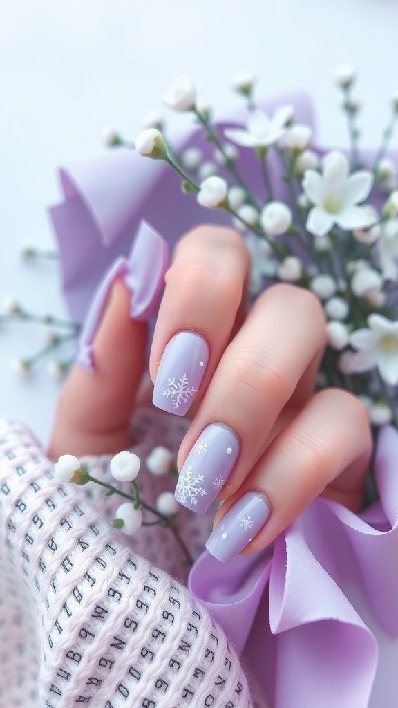 Nails painted in soft lavender with white snowflake designs